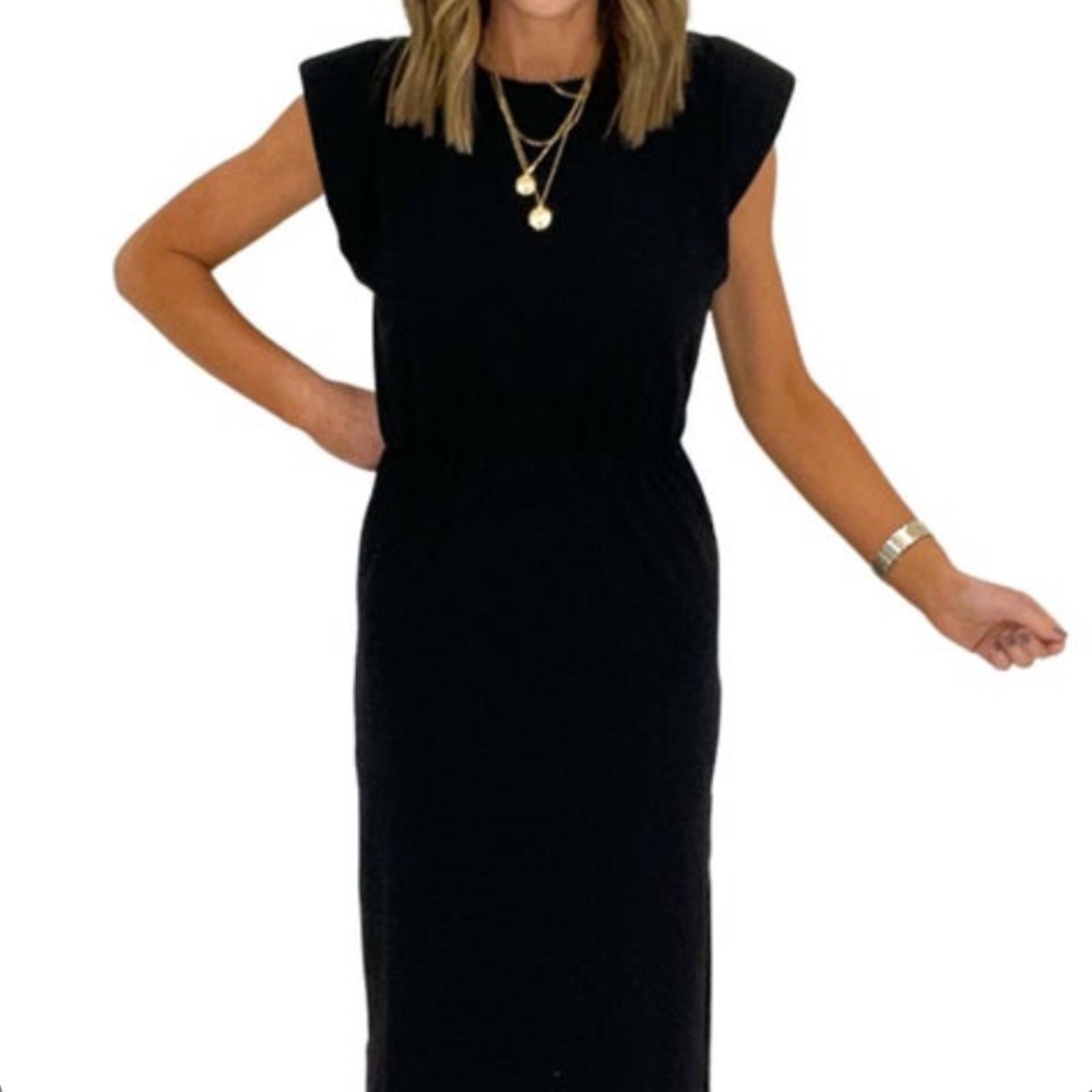Entro Black Shoulder Pad Dress, elastic waist, S